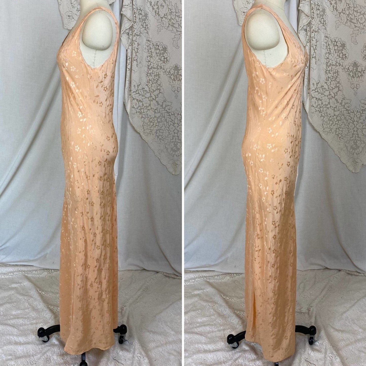 Vintage 1930's Nightgown | Hand Stitched Rose Gold Pink Silk with Floral Satin Damask & Embroidery | Size XS, S, M - Daggers & Dames