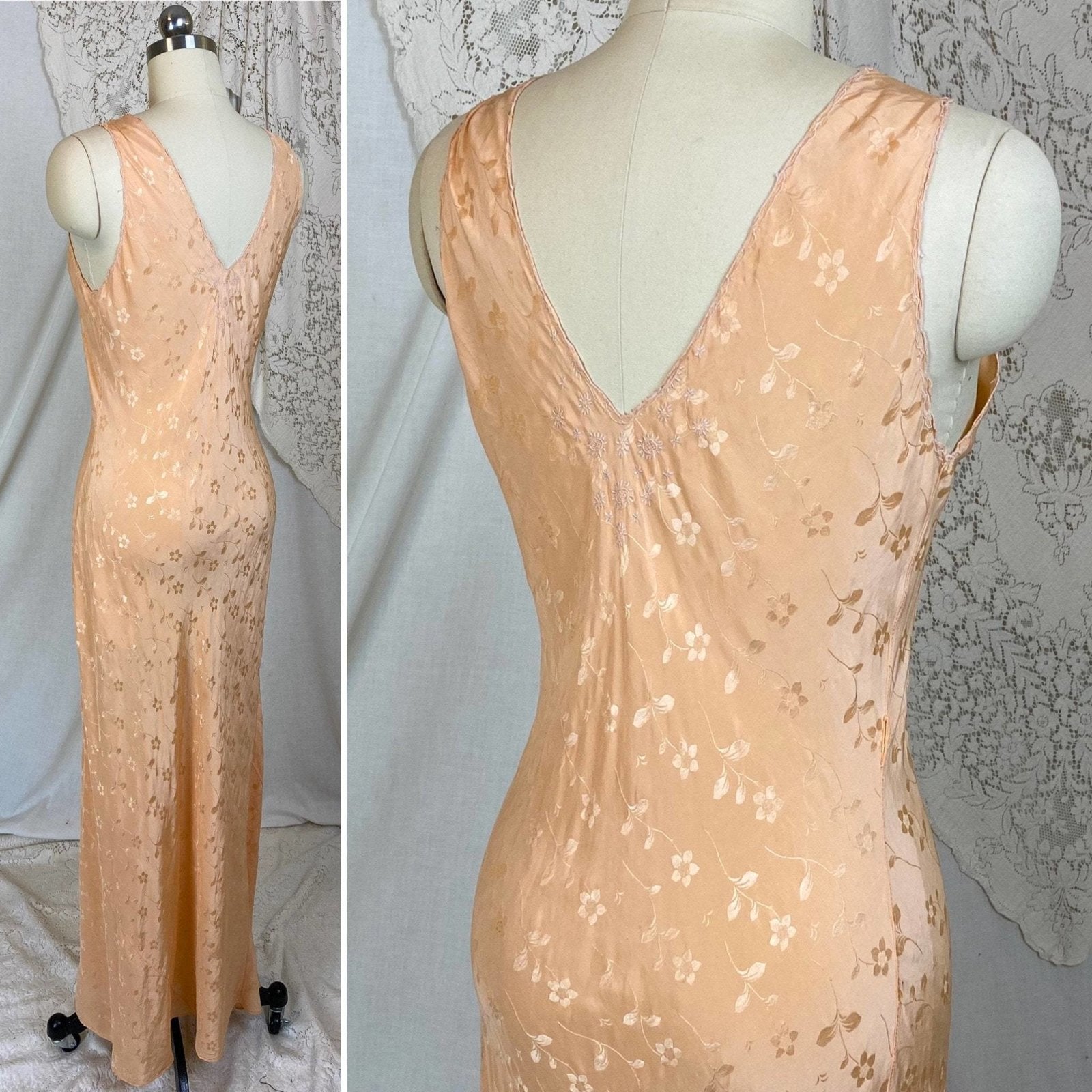Vintage 1930's Nightgown | Hand Stitched Rose Gold Pink Silk with Floral Satin Damask & Embroidery | Size XS, S, M - Daggers & Dames