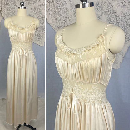 Vintage 1930's Nightgown | Ivory Pearl Silk with Swiss Dot Ruffled Lace | Size XS, S | Levy's Ladies Toggery - Daggers & Dames