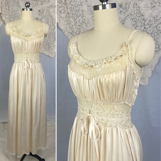 Vintage 1930's Nightgown | Ivory Pearl Silk with Swiss Dot Ruffled Lace | Size XS, S | Levy's Ladies Toggery - Daggers & Dames
