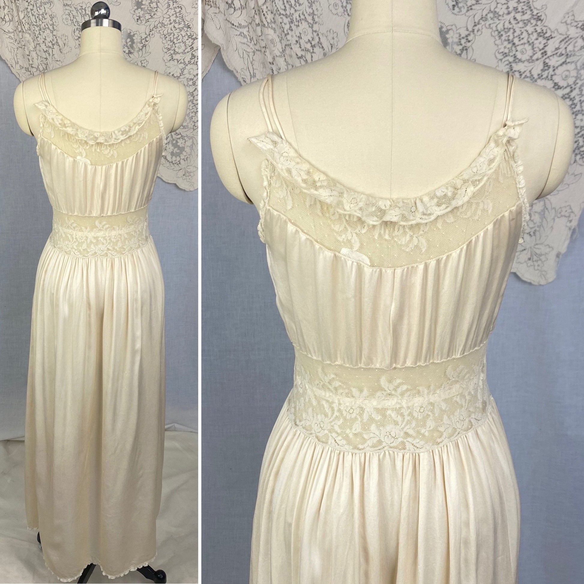 Vintage 1930's Nightgown | Ivory Pearl Silk with Swiss Dot Ruffled Lace | Size XS, S | Levy's Ladies Toggery - Daggers & Dames