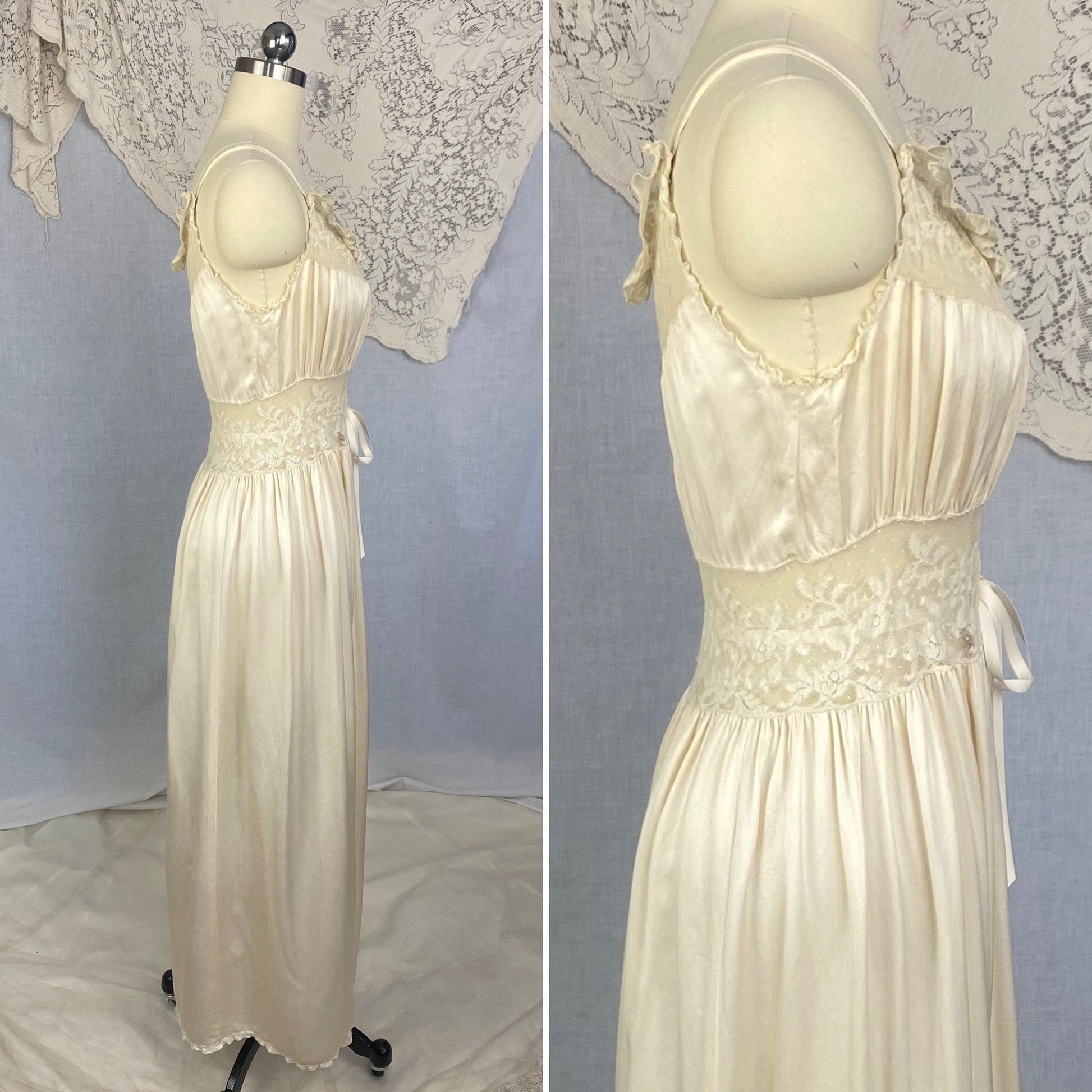 Vintage 1930's Nightgown | Ivory Pearl Silk with Swiss Dot Ruffled Lace | Size XS, S | Levy's Ladies Toggery - Daggers & Dames