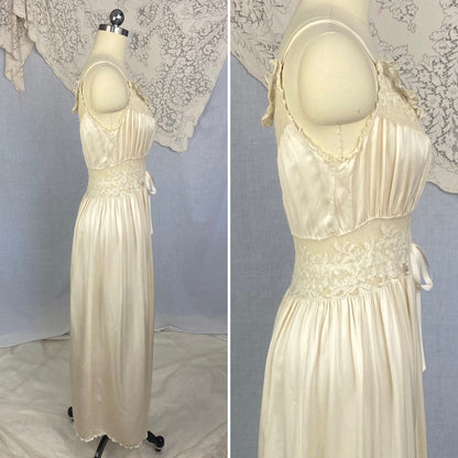 Vintage 1930's Nightgown | Ivory Pearl Silk with Swiss Dot Ruffled Lace | Size XS, S | Levy's Ladies Toggery - Daggers & Dames