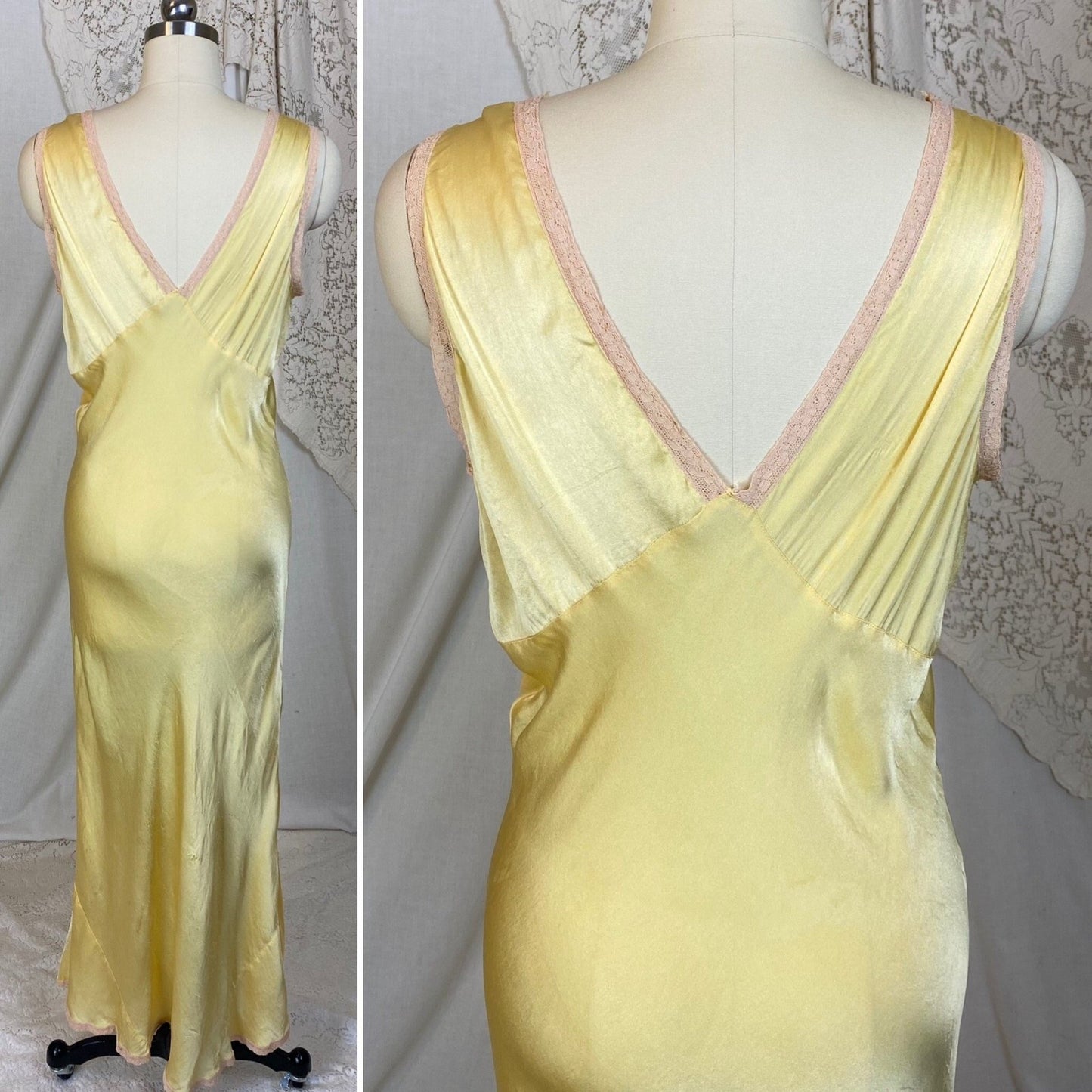 Vintage 1930's Nightgown | Marigold Yellow Silk with Light Nude Lace | Size M, LG - Daggers & Dames