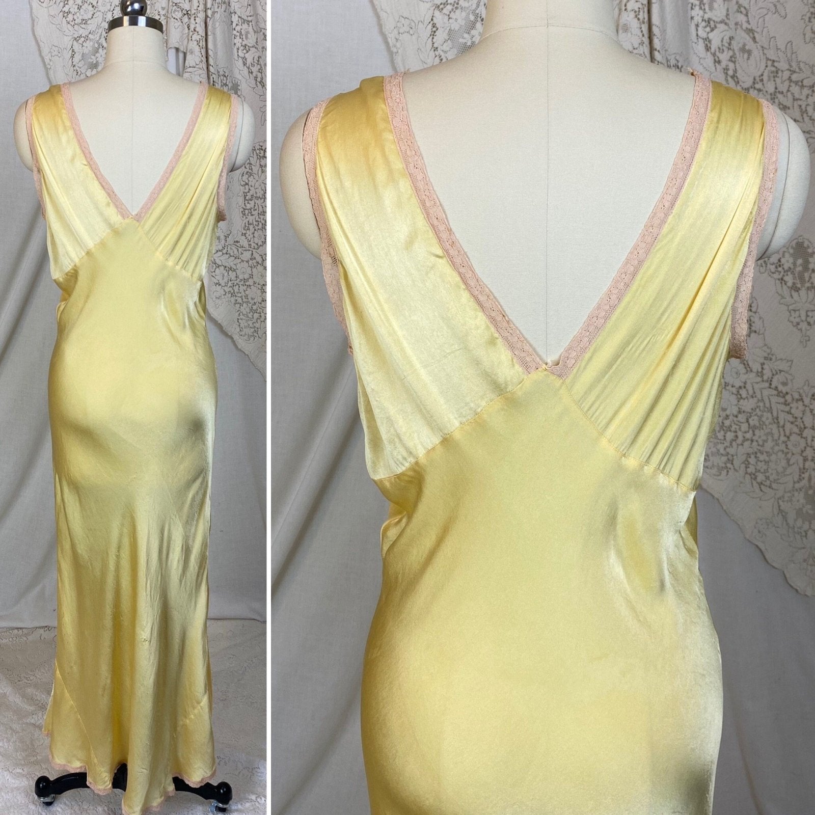 Vintage 1930's Nightgown | Marigold Yellow Silk with Light Nude Lace | Size M, LG - Daggers & Dames