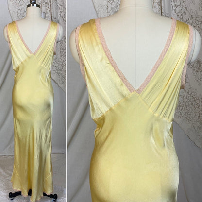 Vintage 1930's Nightgown | Marigold Yellow Silk with Light Nude Lace | Size M, LG - Daggers & Dames