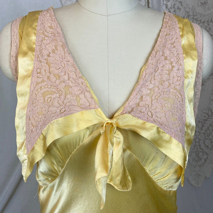 Vintage 1930's Nightgown | Marigold Yellow Silk with Light Nude Lace | Size M, LG - Daggers & Dames