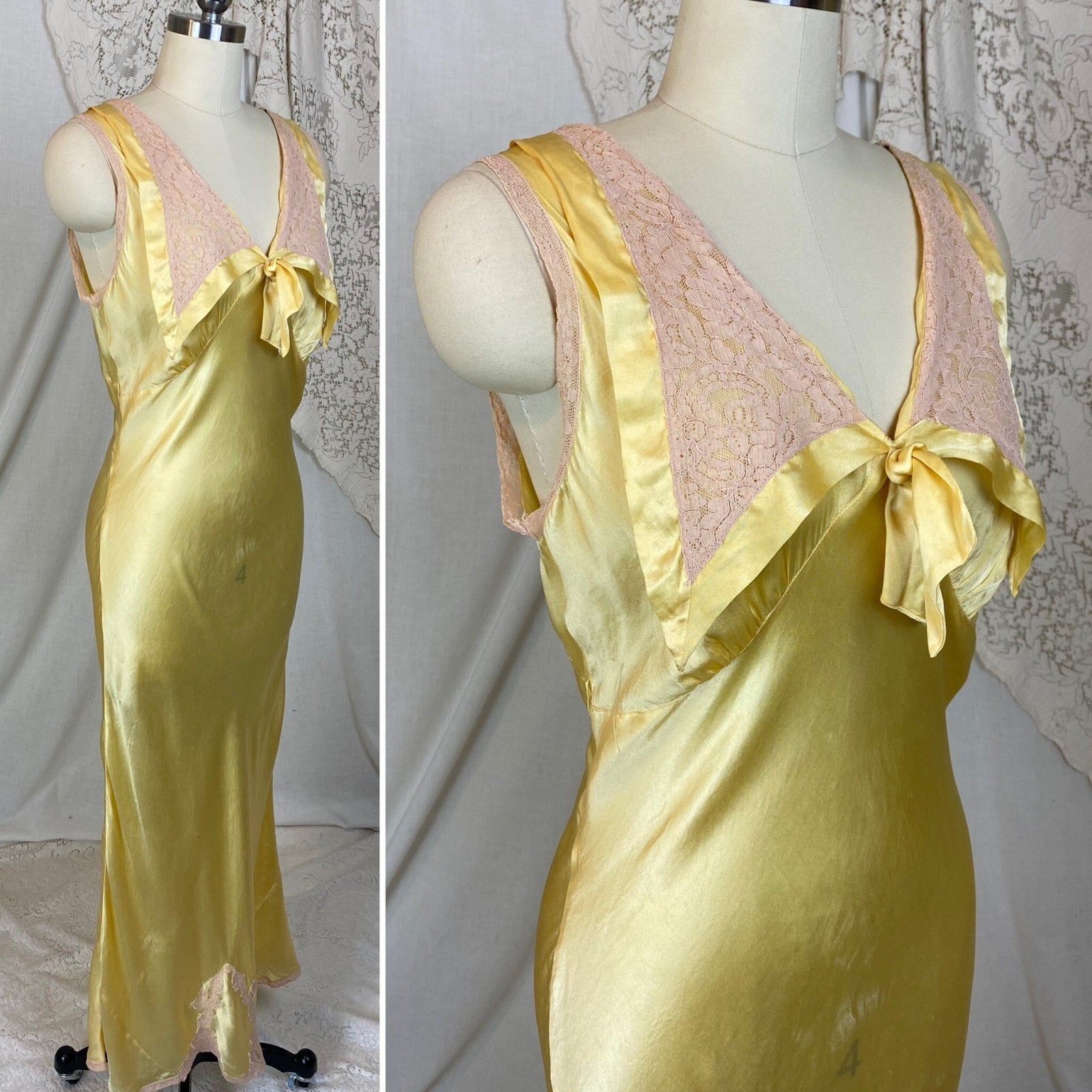 Vintage 1930's Nightgown | Marigold Yellow Silk with Light Nude Lace | Size M, LG - Daggers & Dames