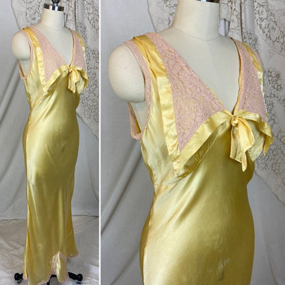Vintage 1930's Nightgown | Marigold Yellow Silk with Light Nude Lace | Size M, LG - Daggers & Dames