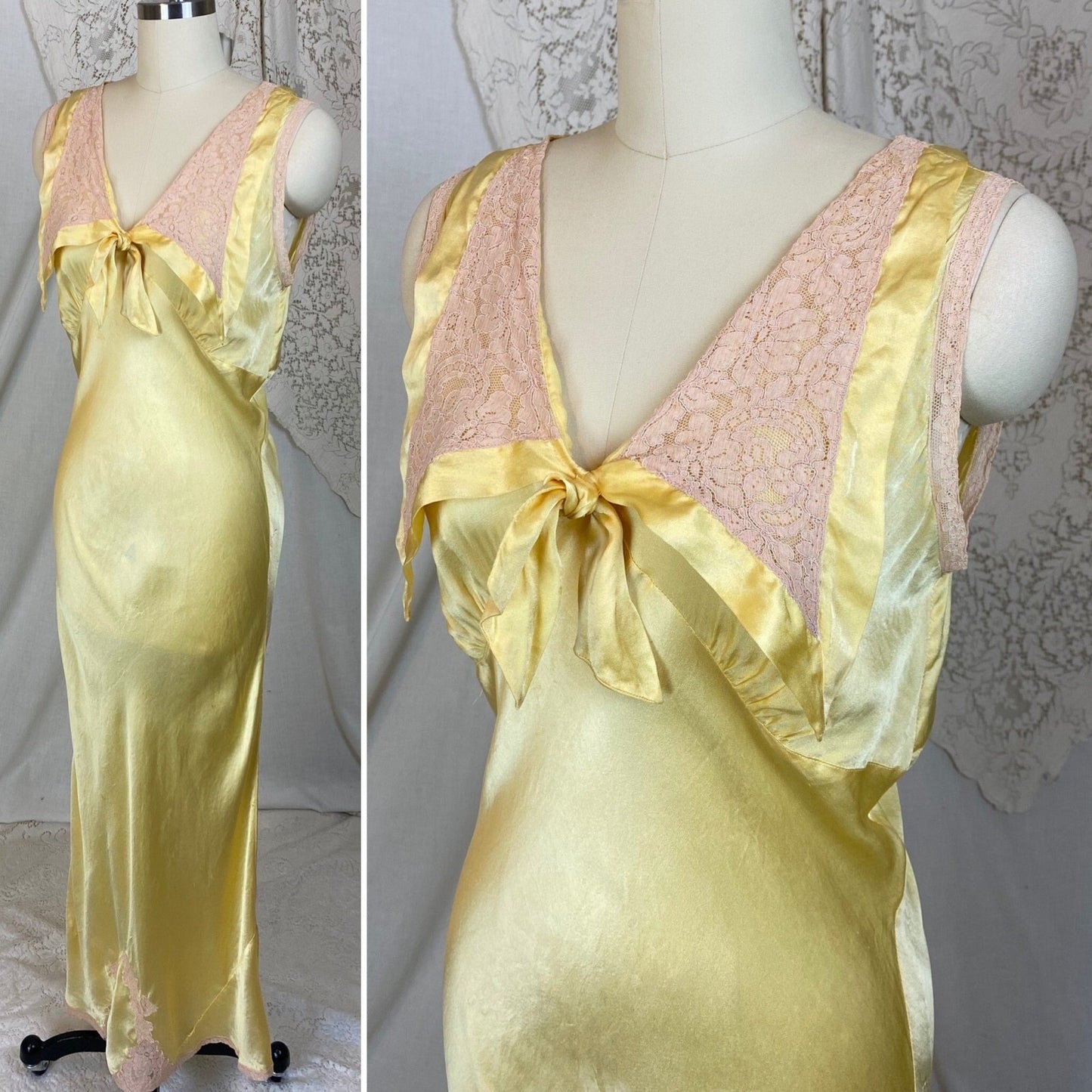 Vintage 1930's Nightgown | Marigold Yellow Silk with Light Nude Lace | Size M, LG - Daggers & Dames