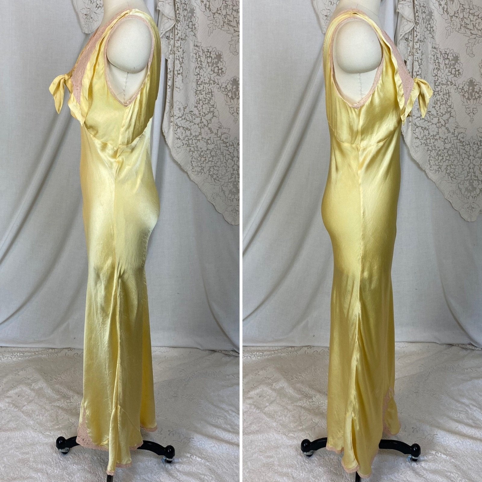 Vintage 1930's Nightgown | Marigold Yellow Silk with Light Nude Lace | Size M, LG - Daggers & Dames
