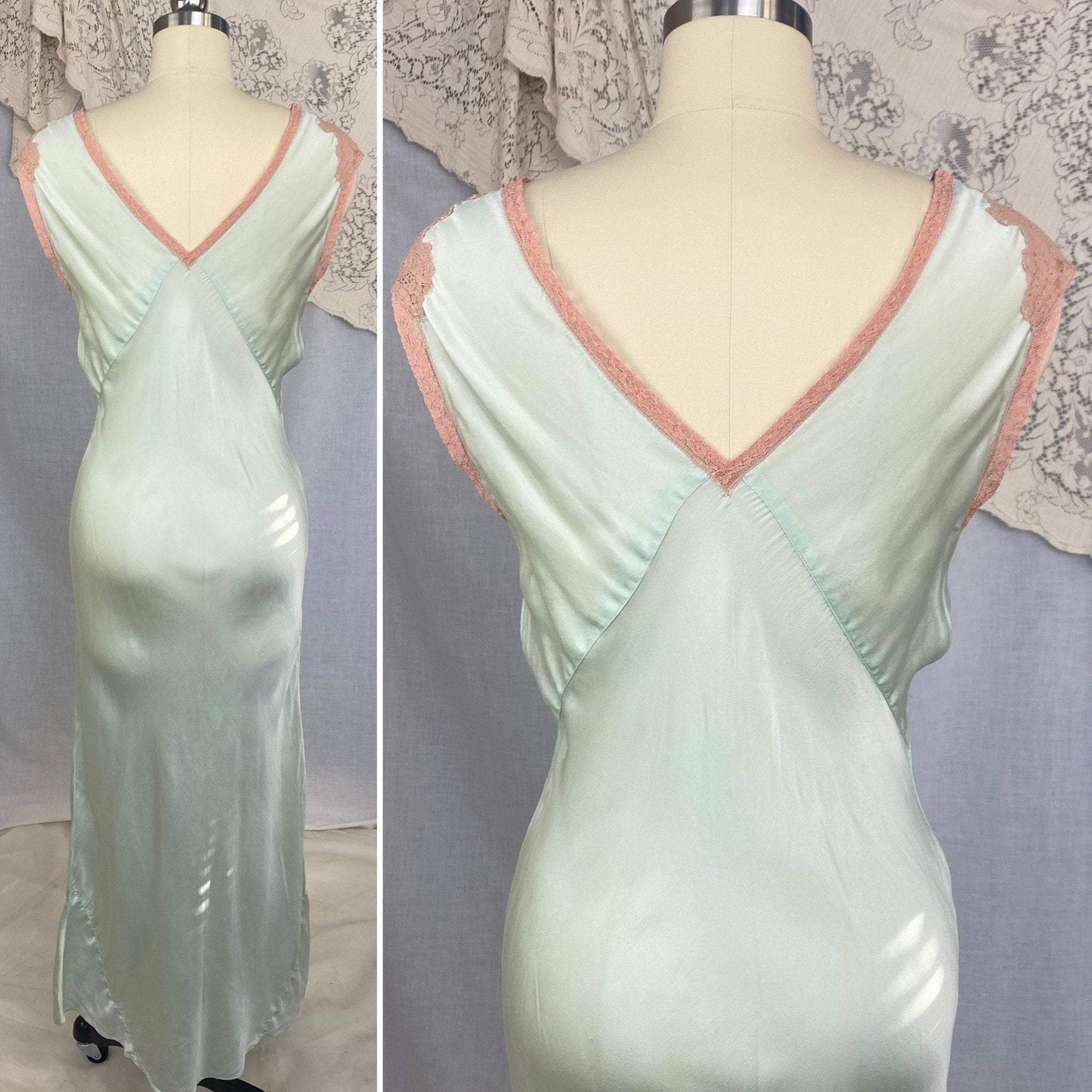 Vintage 1930's Nightgown | Mint Green Silk with Deep Nude Lace | Size S, M - Daggers & Dames
