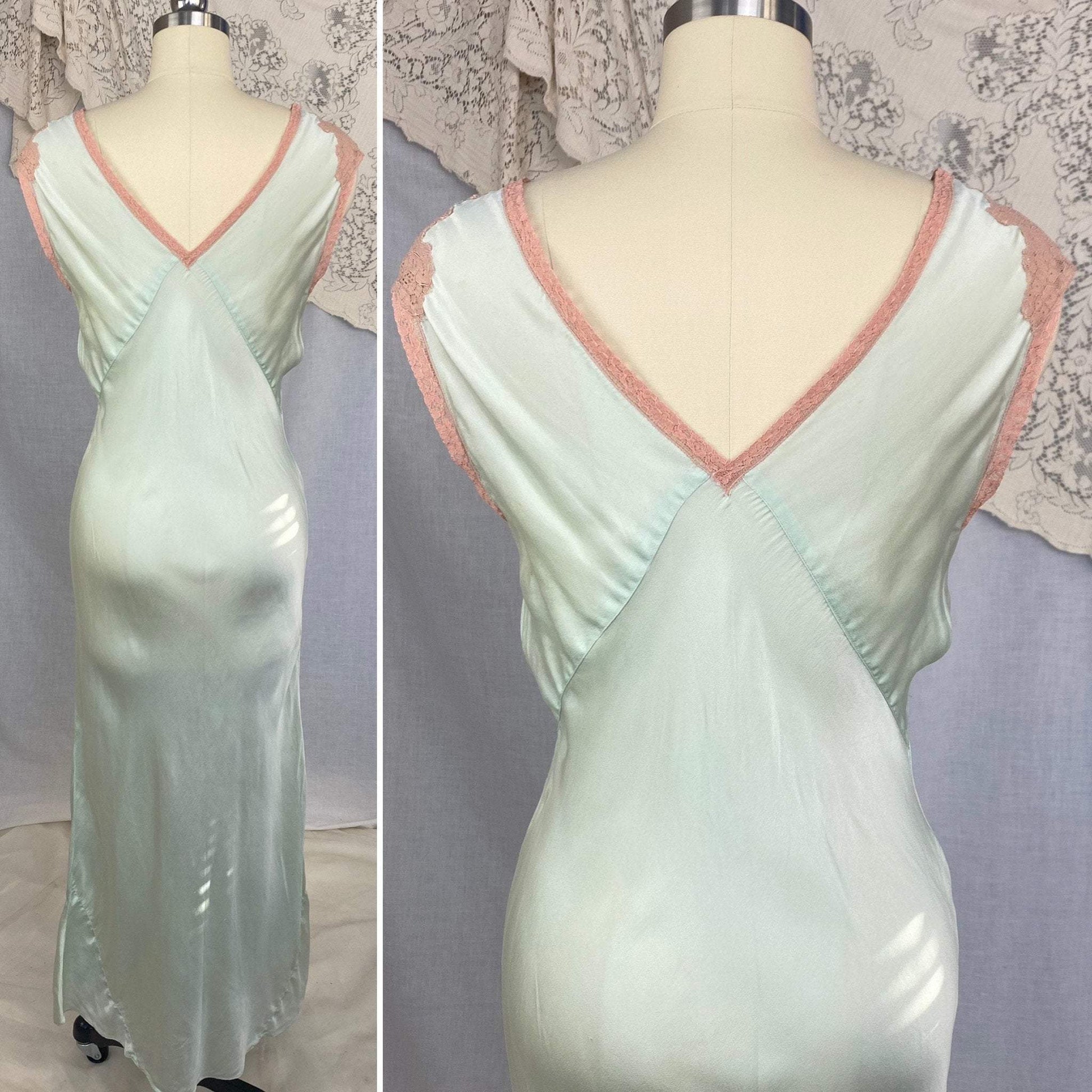 Vintage 1930's Nightgown | Mint Green Silk with Deep Nude Lace | Size S, M - Daggers & Dames