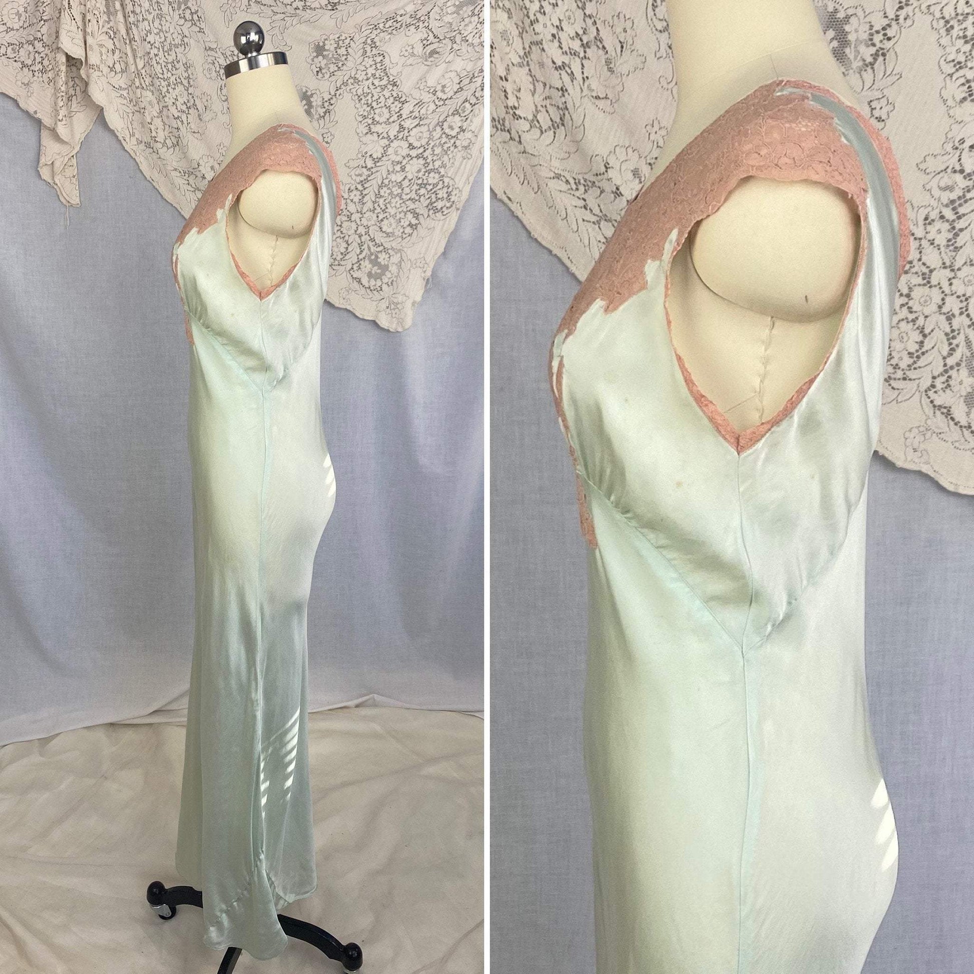 Vintage 1930's Nightgown | Mint Green Silk with Deep Nude Lace | Size S, M - Daggers & Dames