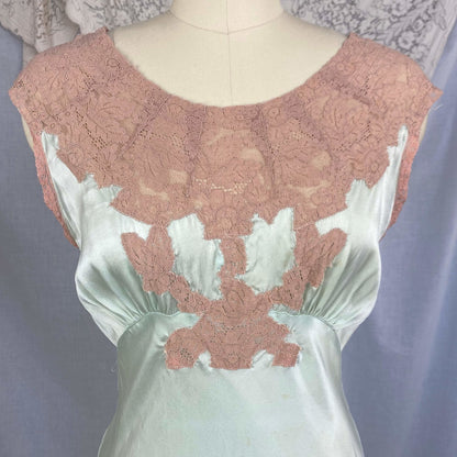 Vintage 1930's Nightgown | Mint Green Silk with Deep Nude Lace | Size S, M - Daggers & Dames