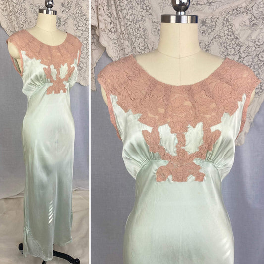 Vintage 1930's Nightgown | Mint Green Silk with Deep Nude Lace | Size S, M - Daggers & Dames