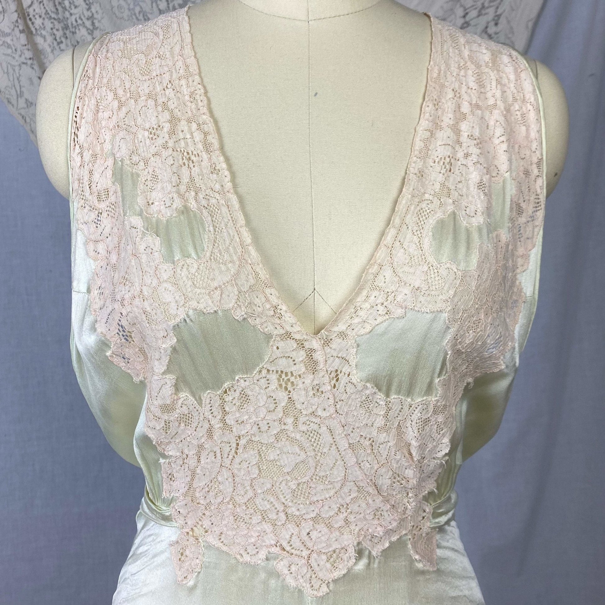 Vintage 1930's Nightgown | Pale Mint Green Silk with Ivory Lace & Open Back | Size 32-34, XS | Miss New Yorker - Daggers & Dames