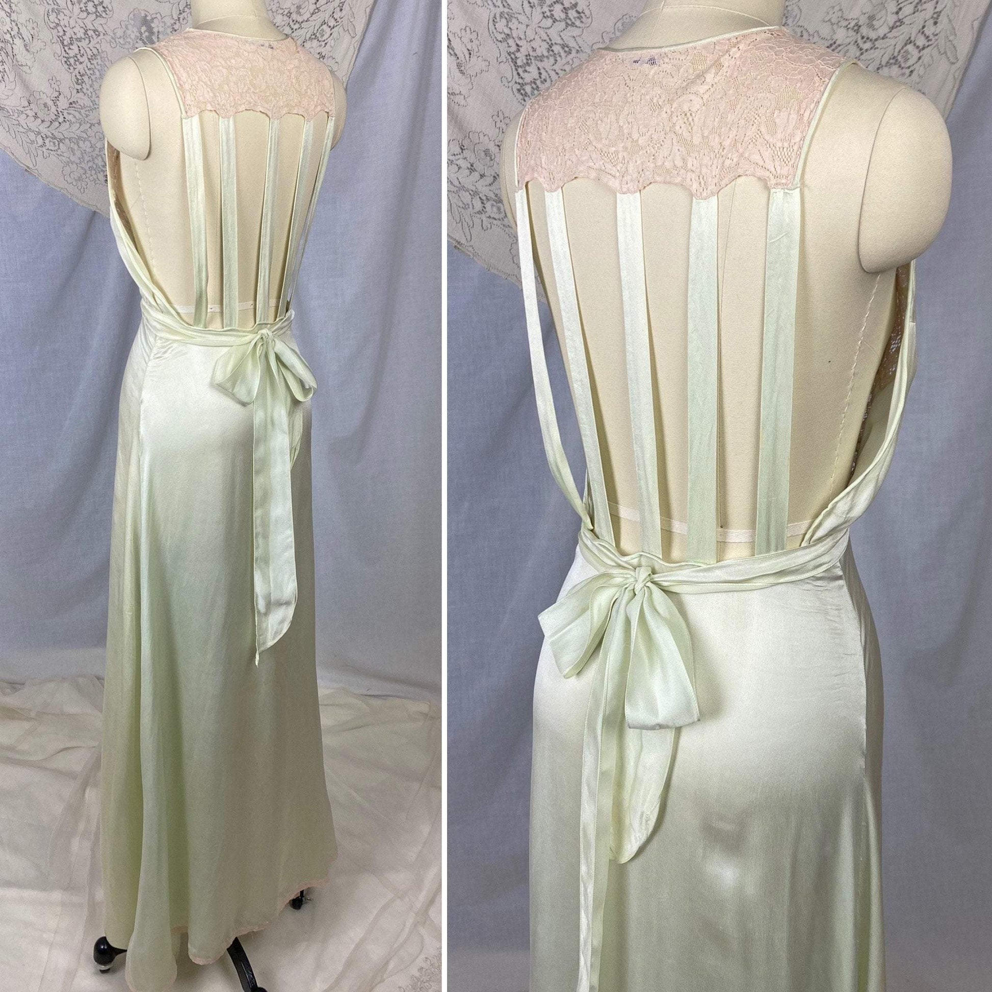 Vintage 1930's Nightgown | Pale Mint Green Silk with Ivory Lace & Open Back | Size 32-34, XS | Miss New Yorker - Daggers & Dames