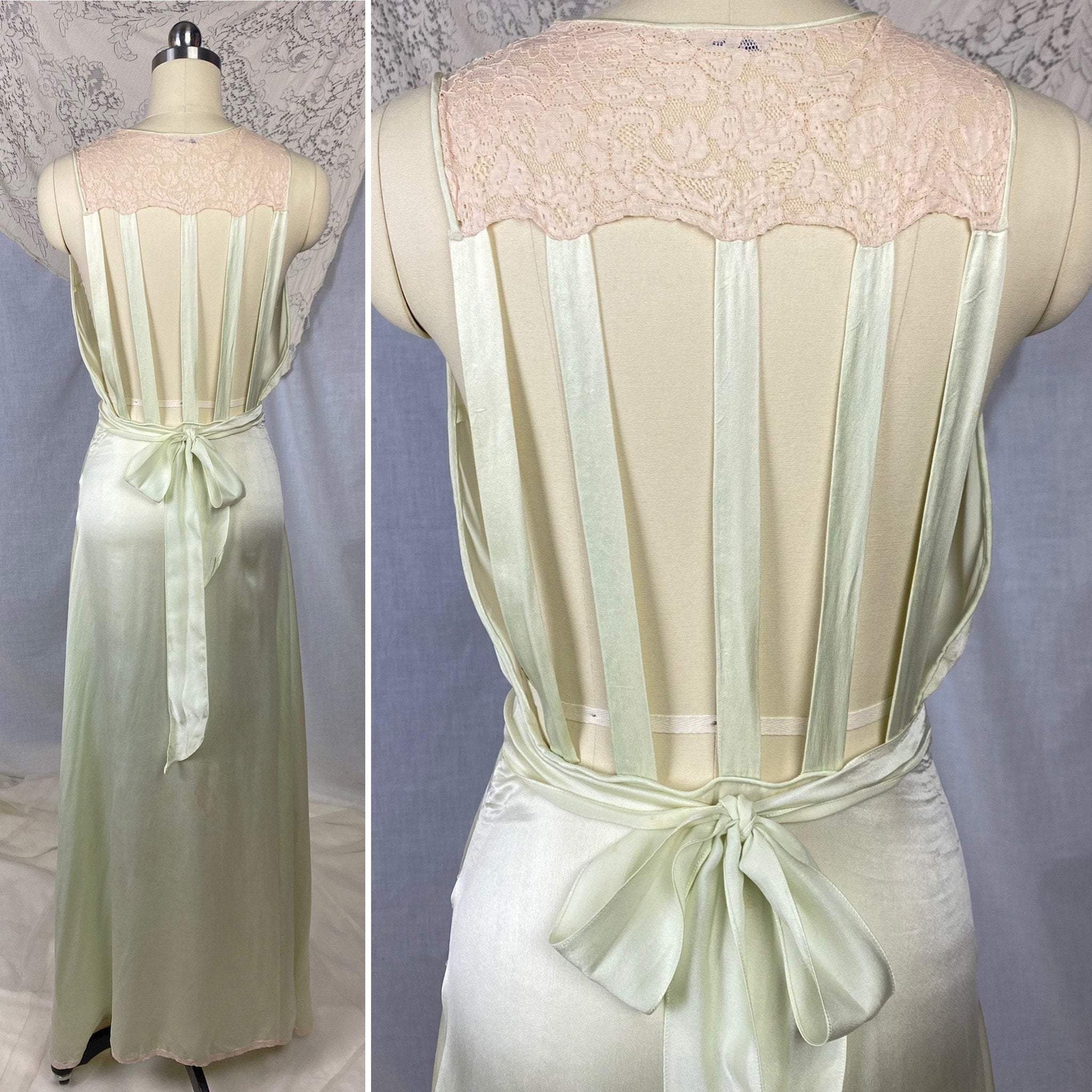 Vintage 1930's Nightgown | Pale Mint Green Silk with Ivory Lace & Open Back | Size 32-34, XS | Miss New Yorker - Daggers & Dames
