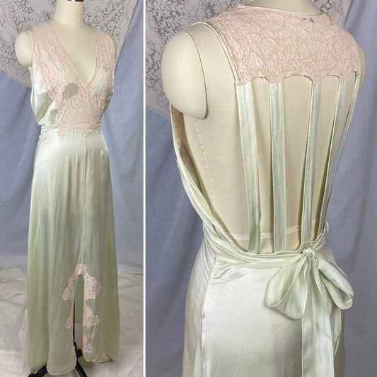 Vintage 1930's Nightgown | Pale Mint Green Silk with Ivory Lace & Open Back | Size 32-34, XS | Miss New Yorker - Daggers & Dames