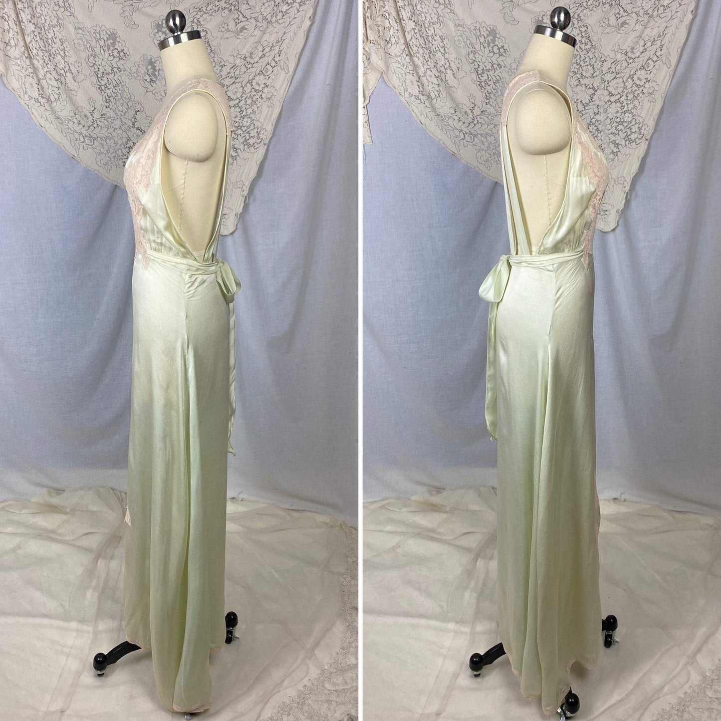 Vintage 1930's Nightgown | Pale Mint Green Silk with Ivory Lace & Open Back | Size 32-34, XS | Miss New Yorker - Daggers & Dames
