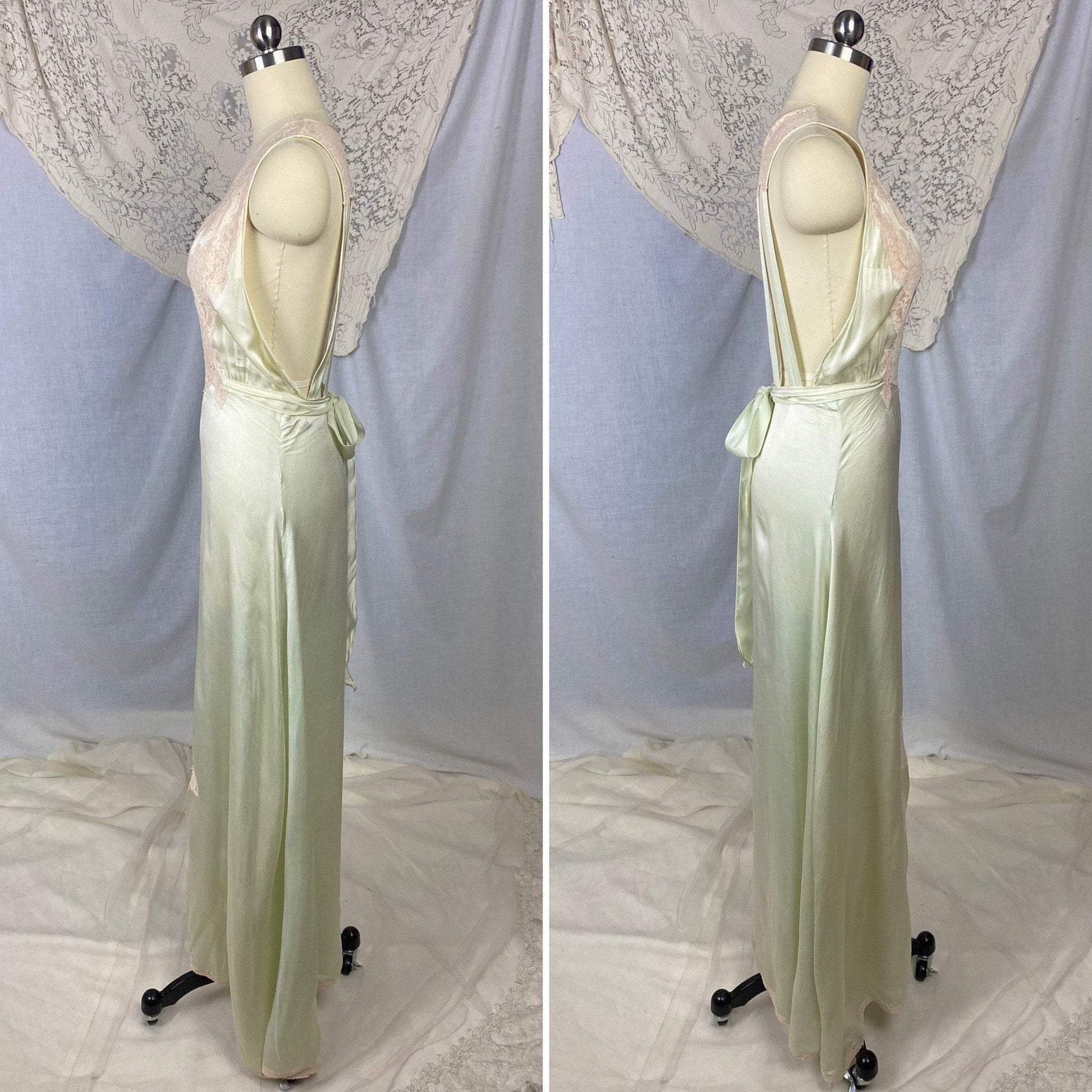 Vintage 1930's Nightgown | Pale Mint Green Silk with Ivory Lace & Open Back | Size 32-34, XS | Miss New Yorker - Daggers & Dames