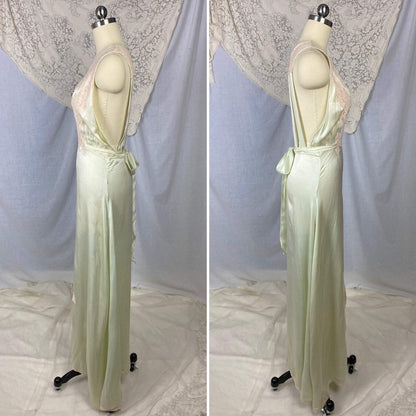 Vintage 1930's Nightgown | Pale Mint Green Silk with Ivory Lace & Open Back | Size 32-34, XS | Miss New Yorker - Daggers & Dames