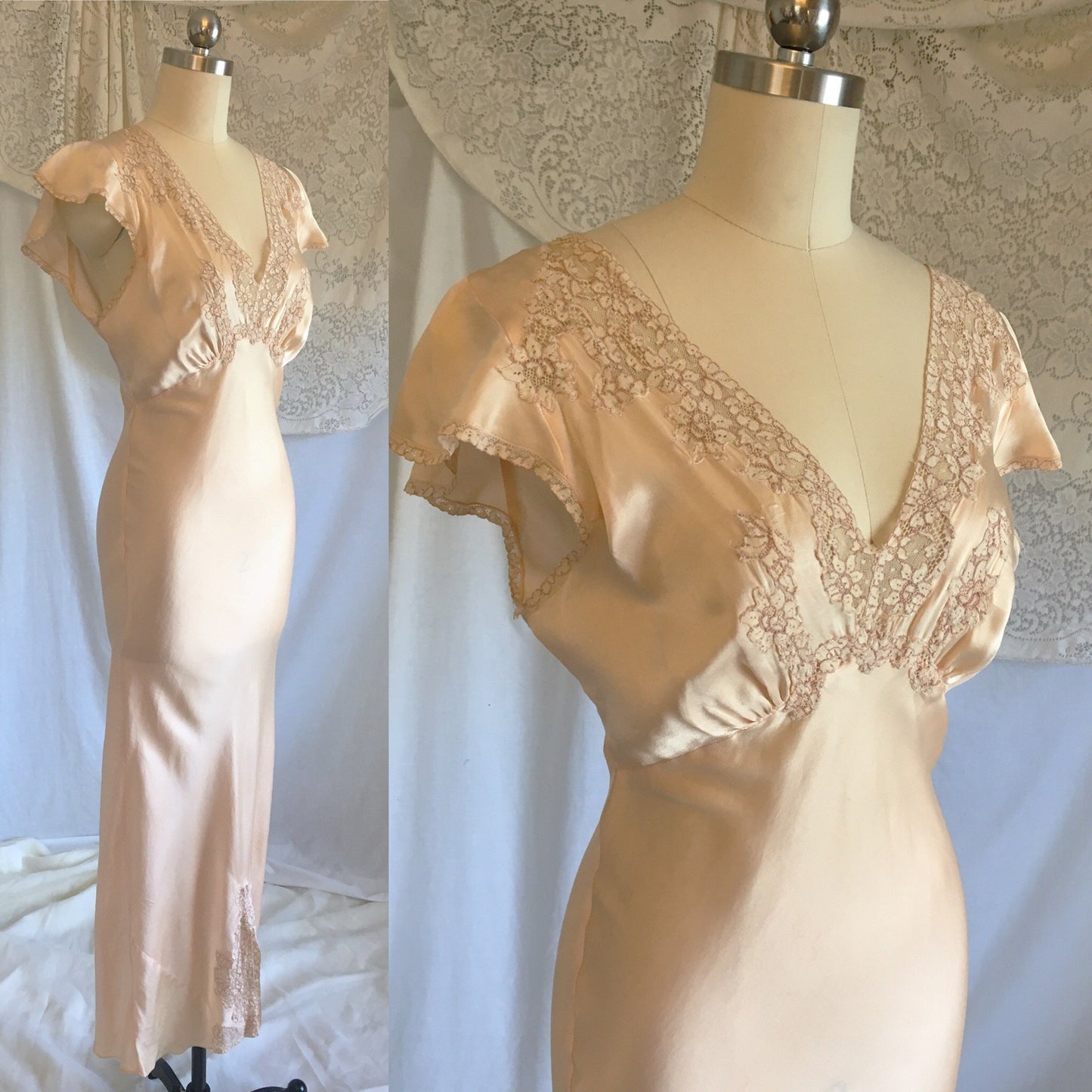 Vintage 1930's Nightgown | Pale Peach Silk with Embroidered Alençon Lace | Size XS, S - Daggers & Dames