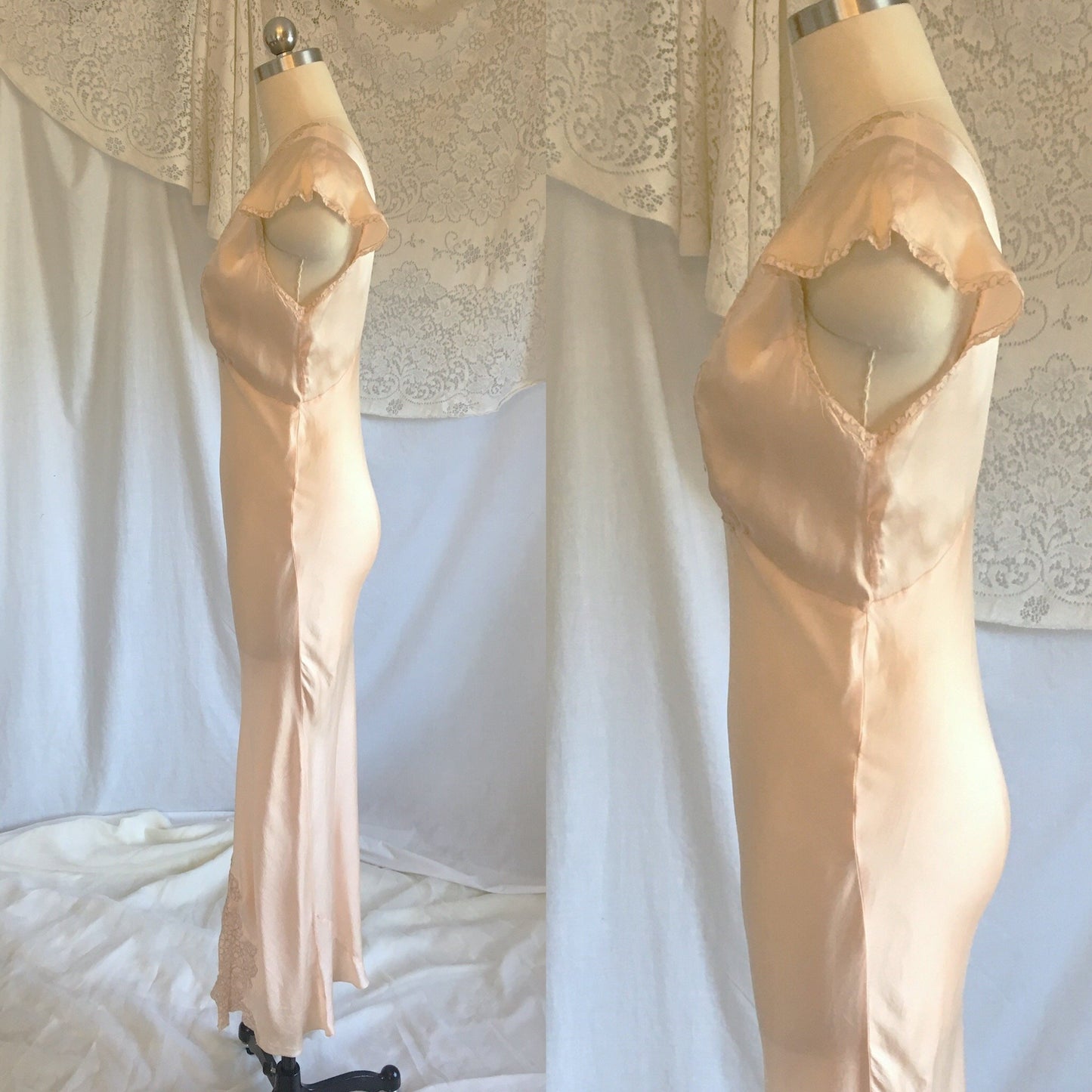 Vintage 1930's Nightgown | Pale Peach Silk with Embroidered Alençon Lace | Size XS, S - Daggers & Dames
