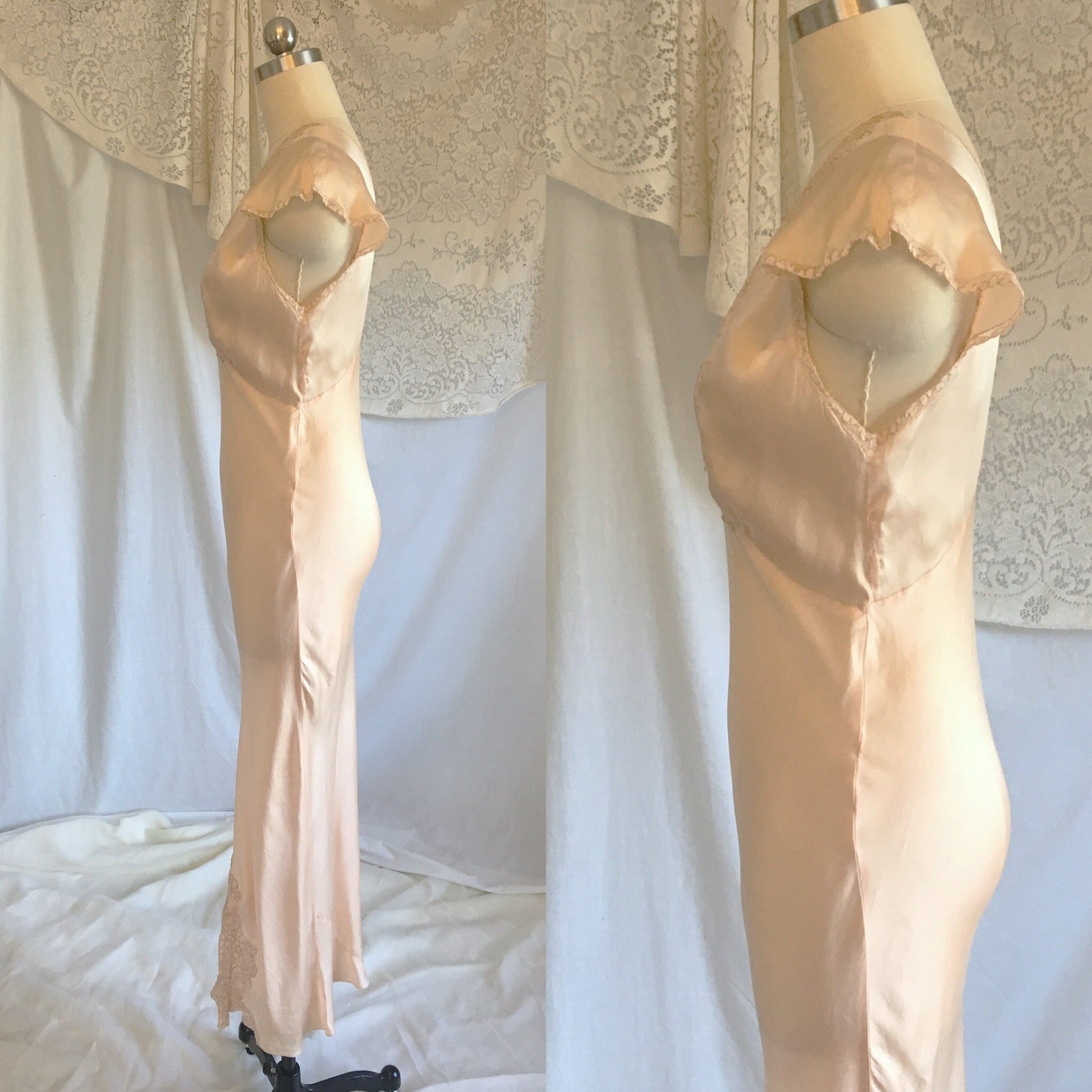 Vintage 1930's Nightgown | Pale Peach Silk with Embroidered Alençon Lace | Size XS, S - Daggers & Dames