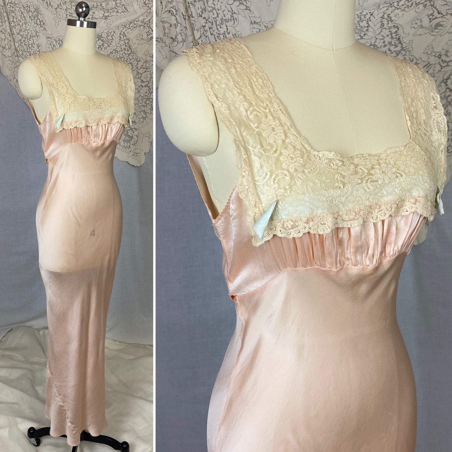 Vintage 1930's Nightgown | Pale Petal Pink Silk with Lace Yoke & Blue Ribbon | Size 34 Bust, S - Daggers & Dames