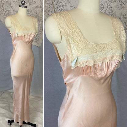 Vintage 1930's Nightgown | Pale Petal Pink Silk with Lace Yoke & Blue Ribbon | Size 34 Bust, S - Daggers & Dames