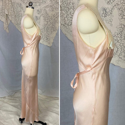 Vintage 1930's Nightgown | Pale Petal Pink Silk with Lace Yoke & Blue Ribbon | Size 34 Bust, S - Daggers & Dames