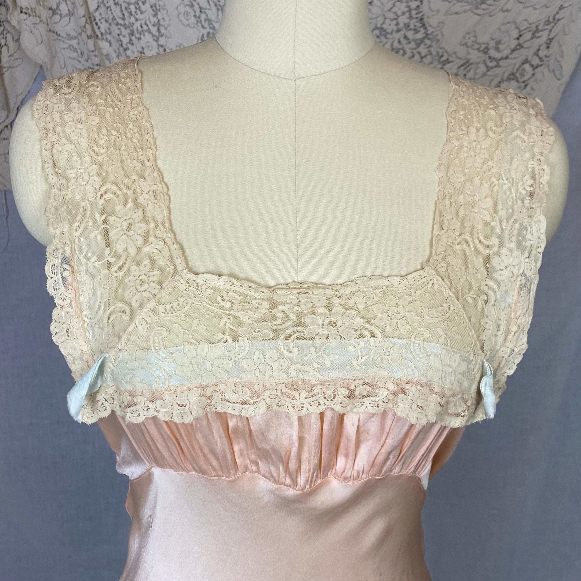 Vintage 1930's Nightgown | Pale Petal Pink Silk with Lace Yoke & Blue Ribbon | Size 34 Bust, S - Daggers & Dames