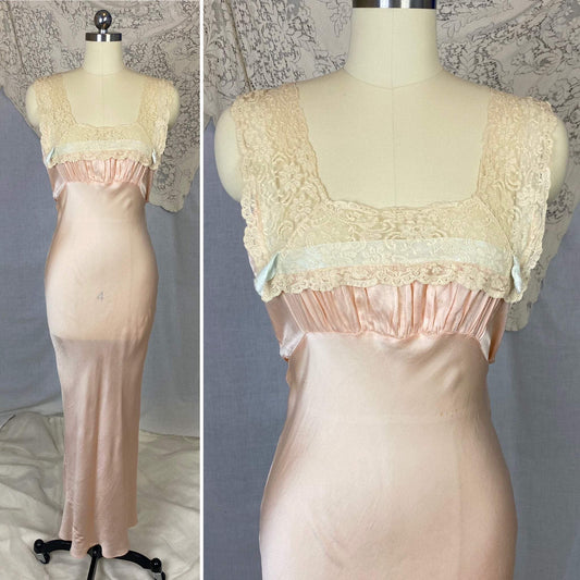 Vintage 1930's Nightgown | Pale Petal Pink Silk with Lace Yoke & Blue Ribbon | Size 34 Bust, S - Daggers & Dames