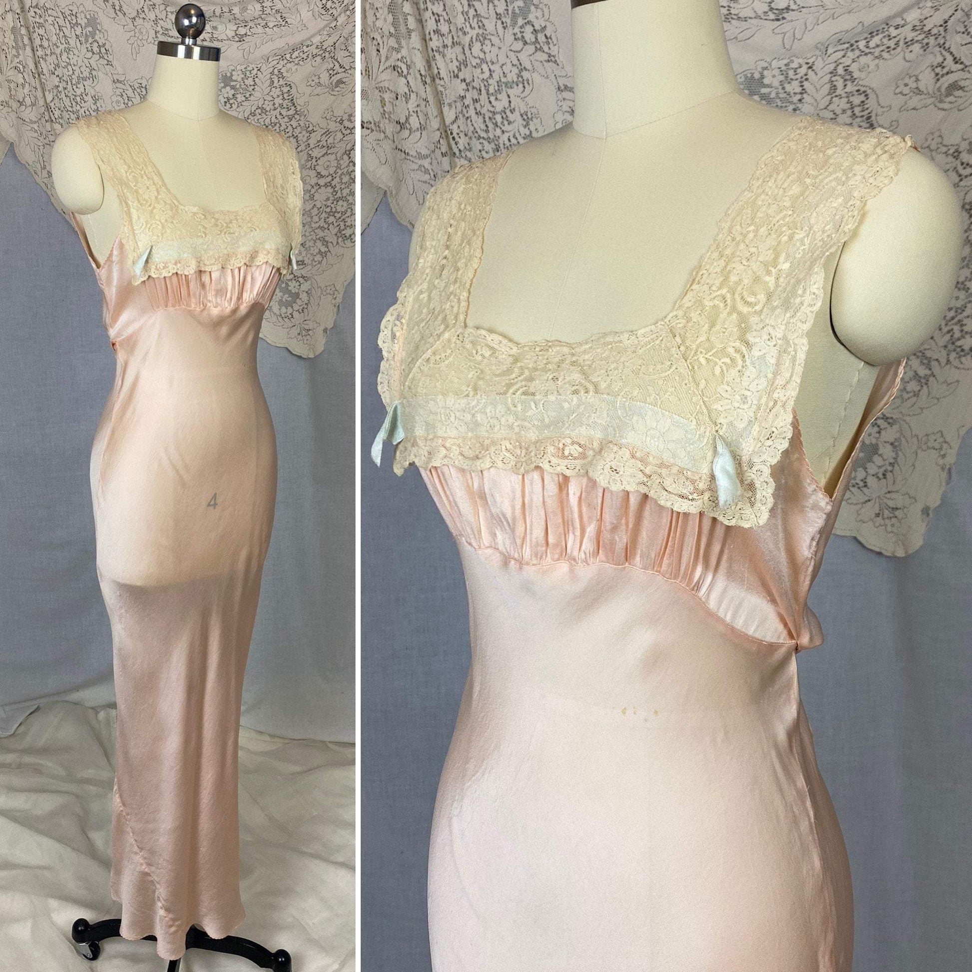 Vintage 1930's Nightgown | Pale Petal Pink Silk with Lace Yoke & Blue Ribbon | Size 34 Bust, S - Daggers & Dames