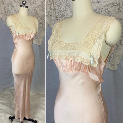Vintage 1930's Nightgown | Pale Petal Pink Silk with Lace Yoke & Blue Ribbon | Size 34 Bust, S - Daggers & Dames