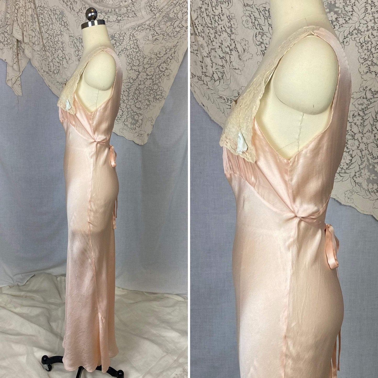 Vintage 1930's Nightgown | Pale Petal Pink Silk with Lace Yoke & Blue Ribbon | Size 34 Bust, S - Daggers & Dames