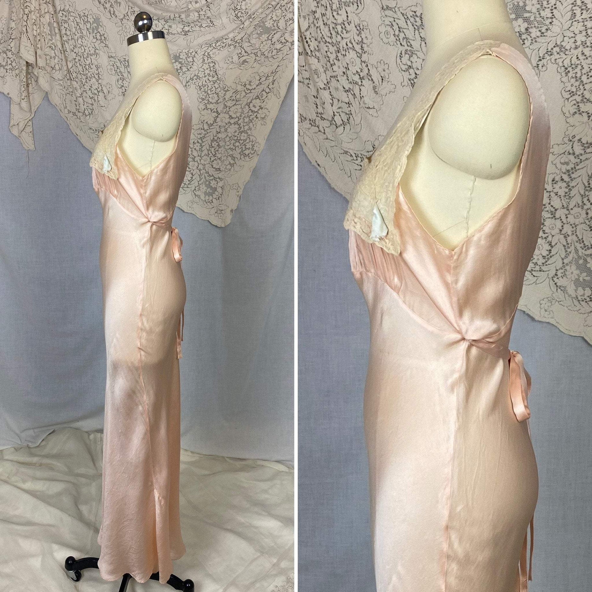 Vintage 1930's Nightgown | Pale Petal Pink Silk with Lace Yoke & Blue Ribbon | Size 34 Bust, S - Daggers & Dames