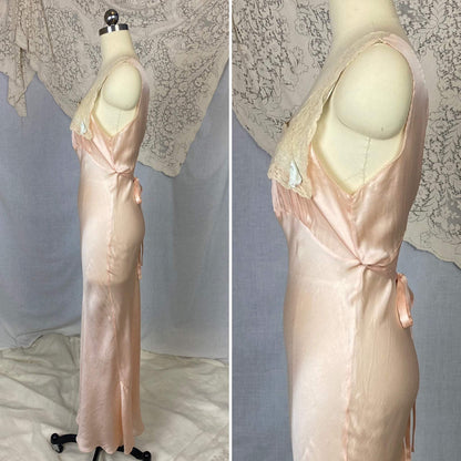 Vintage 1930's Nightgown | Pale Petal Pink Silk with Lace Yoke & Blue Ribbon | Size 34 Bust, S - Daggers & Dames