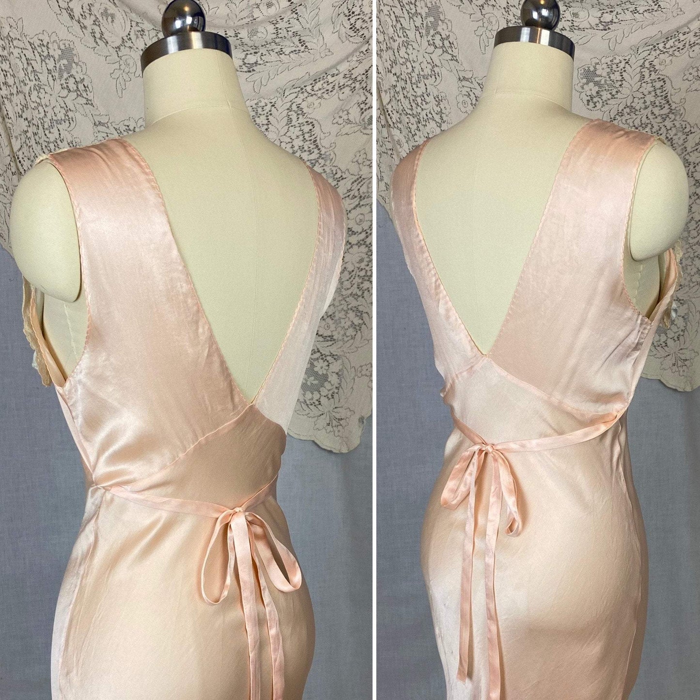 Vintage 1930's Nightgown | Pale Petal Pink Silk with Lace Yoke & Blue Ribbon | Size 34 Bust, S - Daggers & Dames