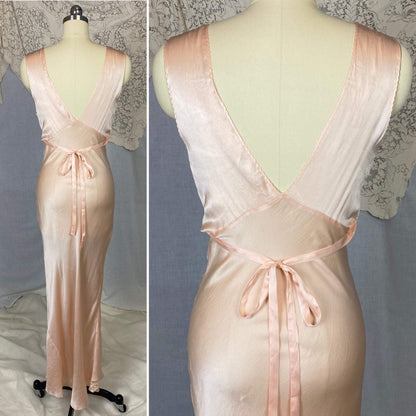 Vintage 1930's Nightgown | Pale Petal Pink Silk with Lace Yoke & Blue Ribbon | Size 34 Bust, S - Daggers & Dames