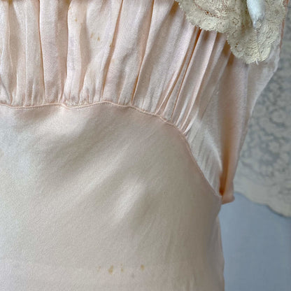 Vintage 1930's Nightgown | Pale Petal Pink Silk with Lace Yoke & Blue Ribbon | Size 34 Bust, S - Daggers & Dames