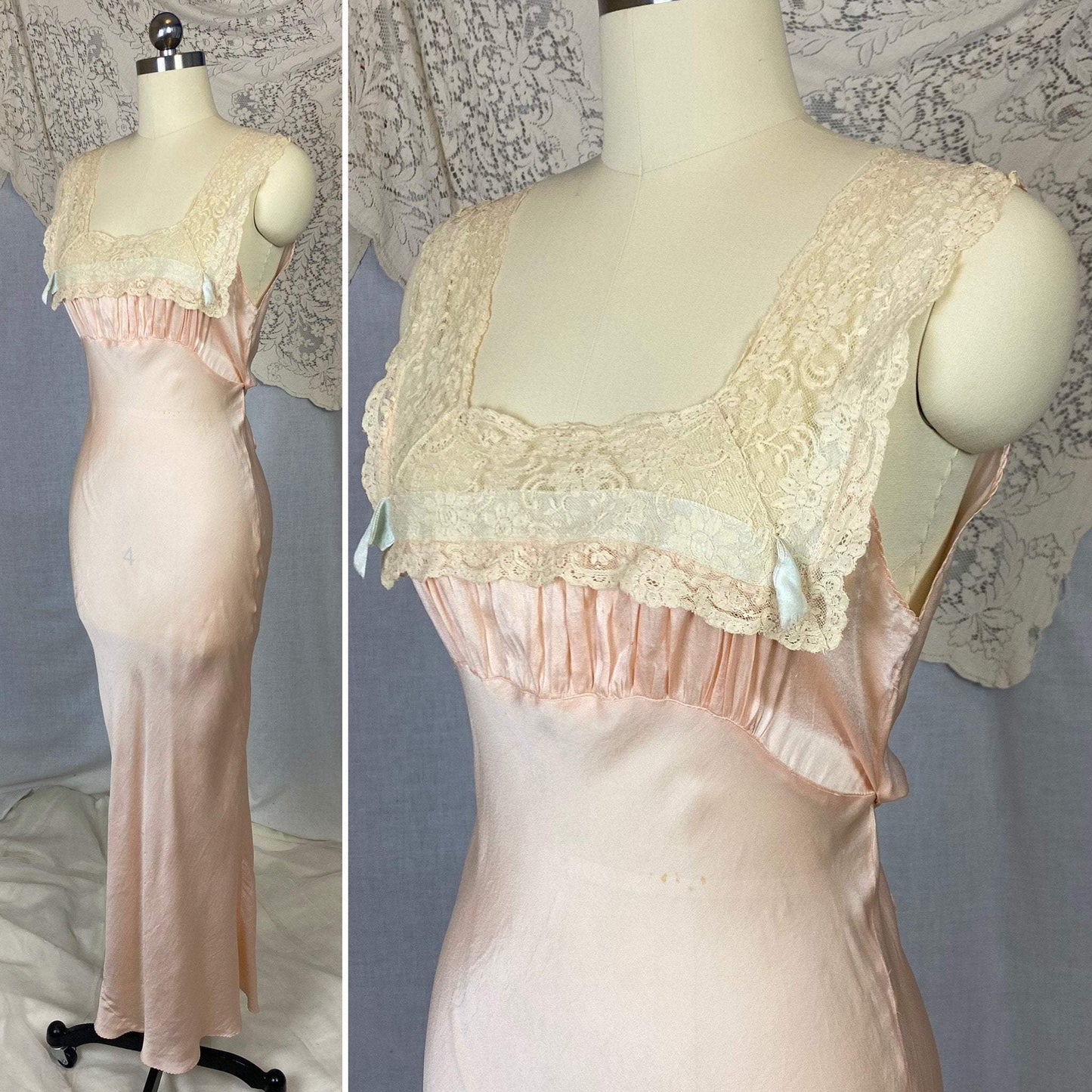 Vintage 1930's Nightgown | Pale Petal Pink Silk with Lace Yoke & Blue Ribbon | Size 34 Bust, S - Daggers & Dames