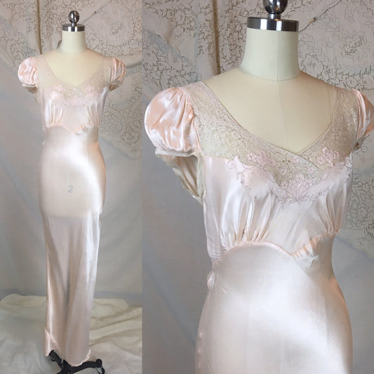 Vintage 1930's Nightgown | Pale Powder Pink Rayon Satin with Floral Appliqué & Princess Puff Sleeves | Laura Lane | Size XS - Daggers & Dames