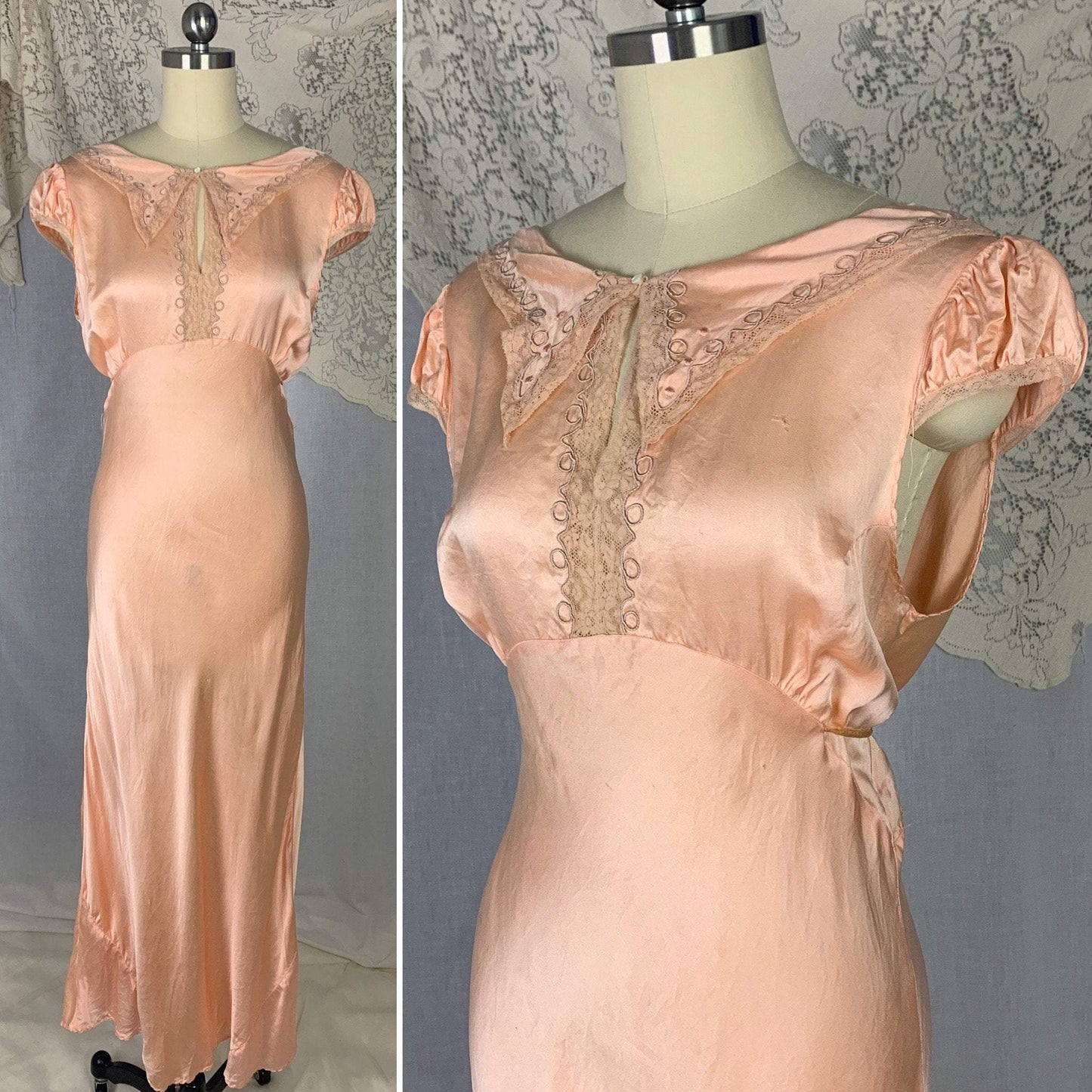 Vintage 1930's Nightgown | Pale Rose Pink Silk Satin Glace with Soutache Embroidery & Lace | Size S | Lerner Shops - Daggers & Dames
