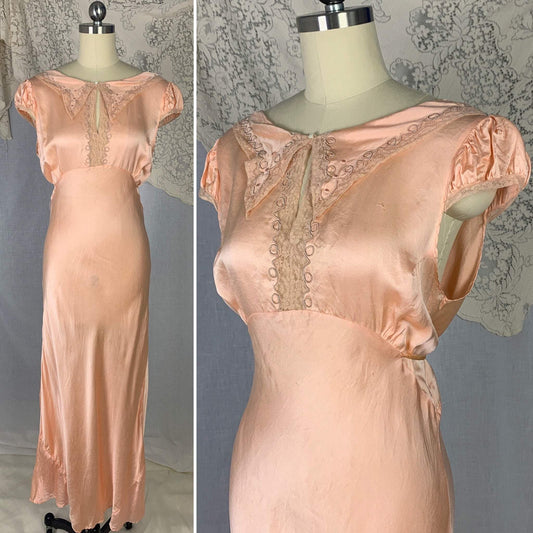 Vintage 1930's Nightgown | Pale Rose Pink Silk Satin Glace with Soutache Embroidery & Lace | Size S | Lerner Shops - Daggers & Dames