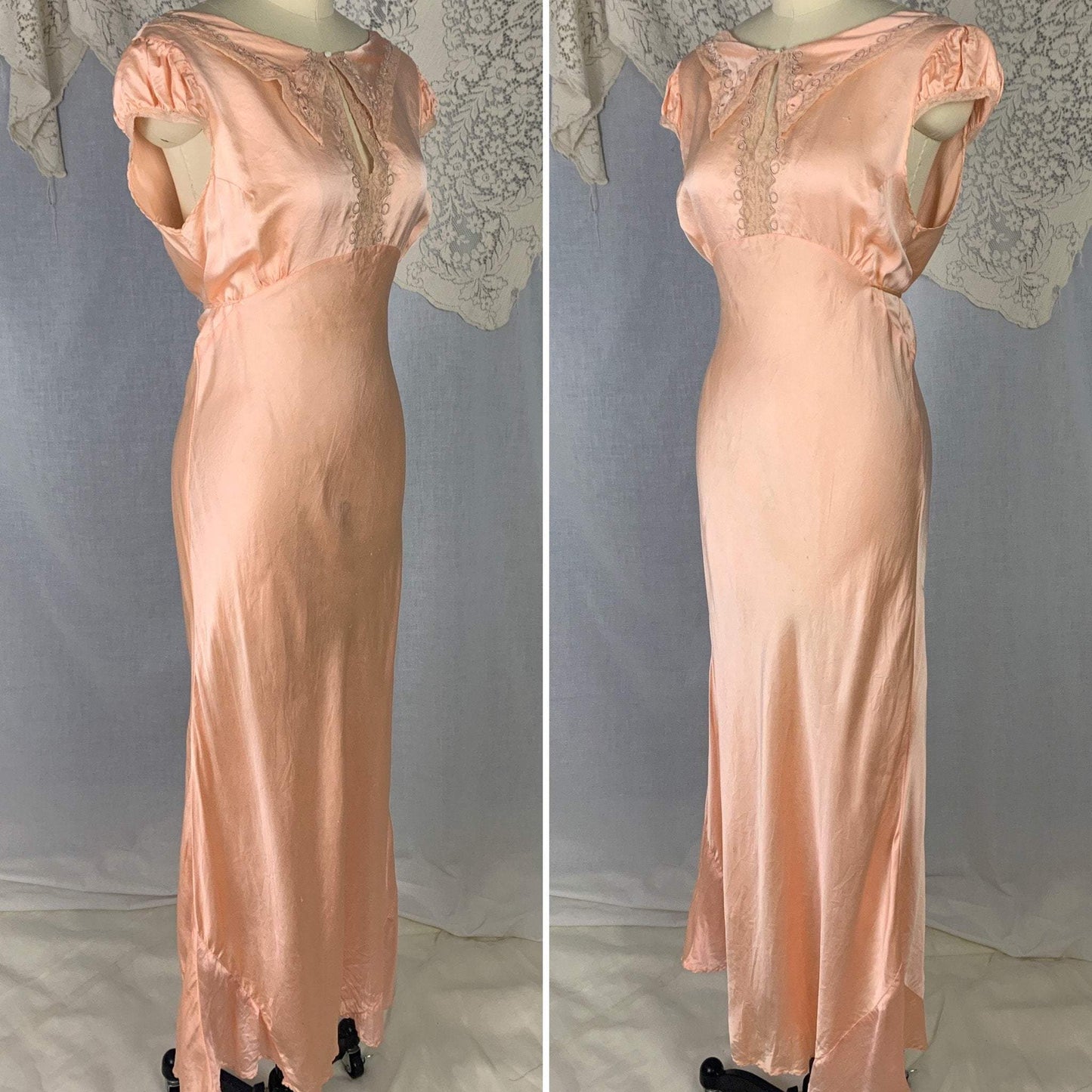 Vintage 1930's Nightgown | Pale Rose Pink Silk Satin Glace with Soutache Embroidery & Lace | Size S | Lerner Shops - Daggers & Dames