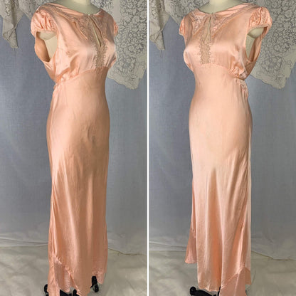 Vintage 1930's Nightgown | Pale Rose Pink Silk Satin Glace with Soutache Embroidery & Lace | Size S | Lerner Shops - Daggers & Dames