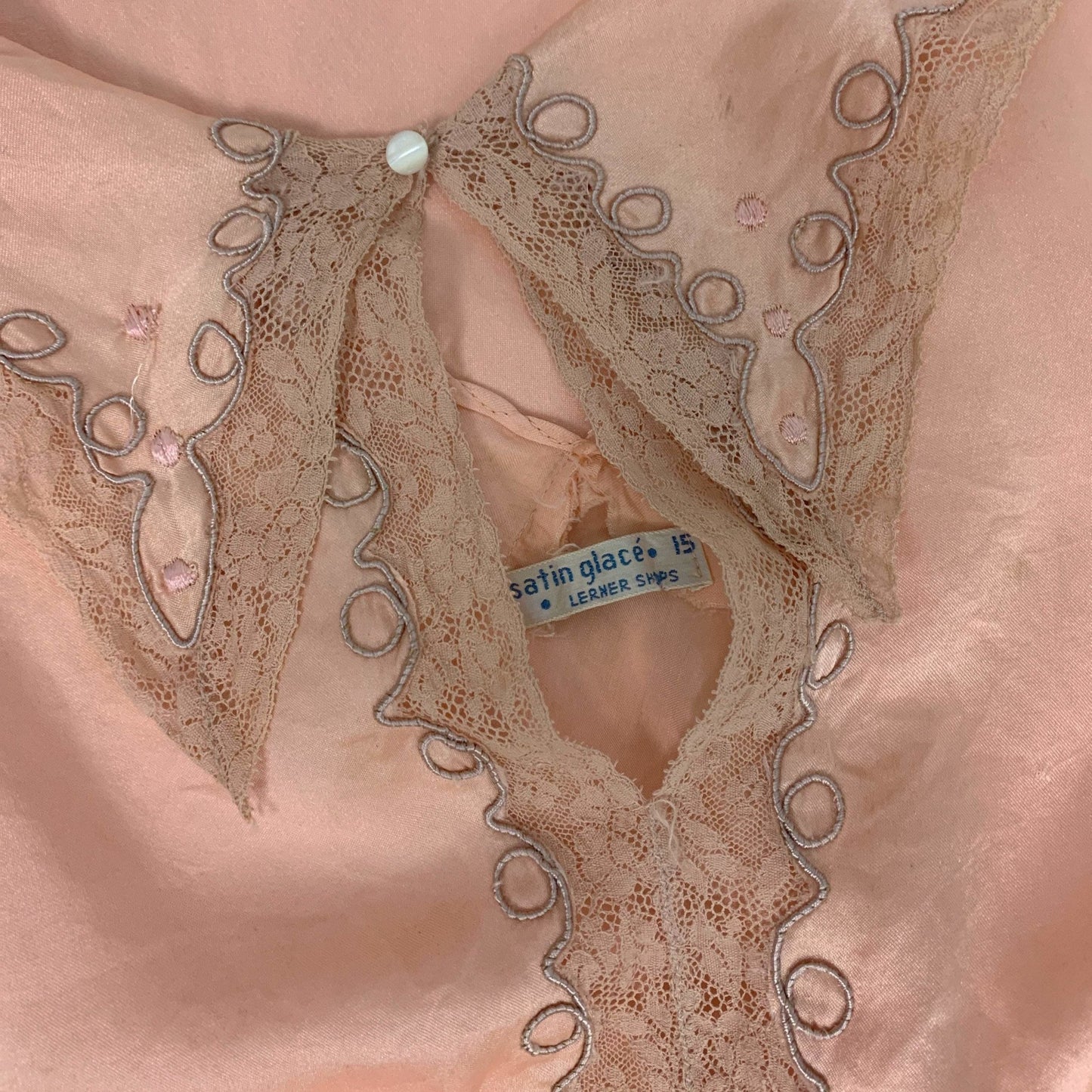 Vintage 1930's Nightgown | Pale Rose Pink Silk Satin Glace with Soutache Embroidery & Lace | Size S | Lerner Shops - Daggers & Dames